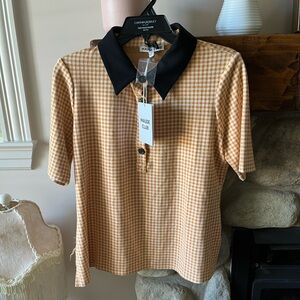 Revolve Maude Club Mustard Gingham Polo Shirt with Black Collar NWTS